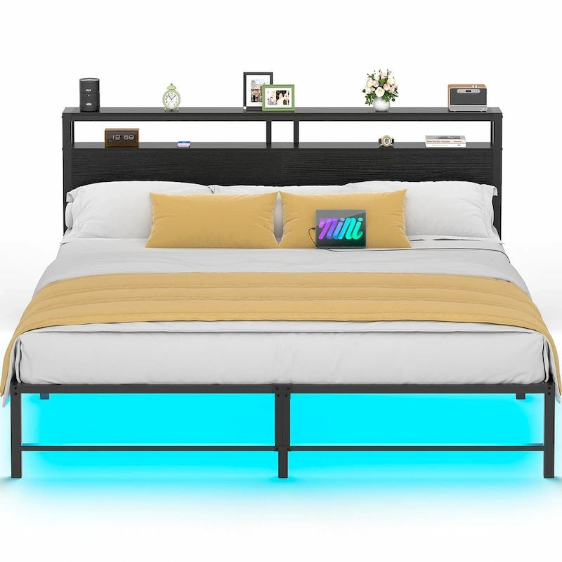 Struttura letto con testiera, letto a piattaforma in metallo con luci LED e stazione di ricarica