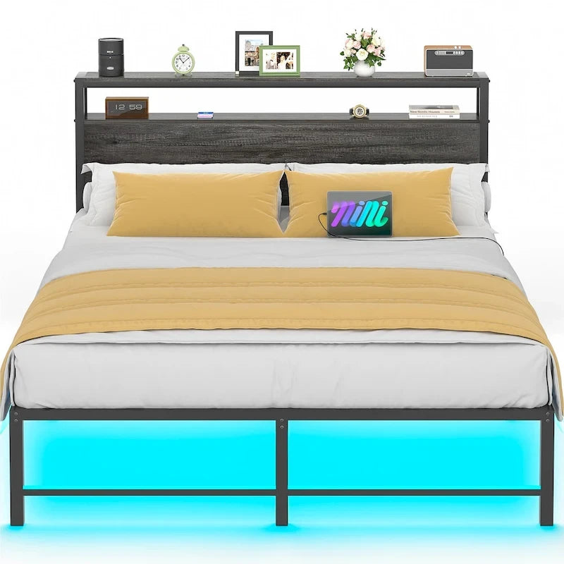 Struttura letto con testiera, letto a piattaforma in metallo con luci LED e stazione di ricarica
