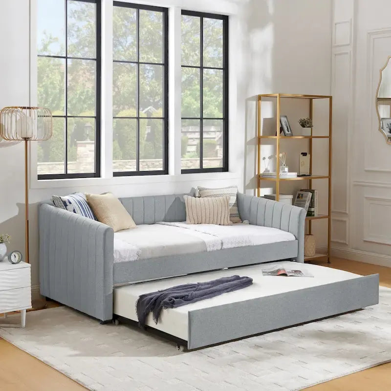 Divano letto singolo in lino con letto estraibile e righe verticali - portata 500LB
