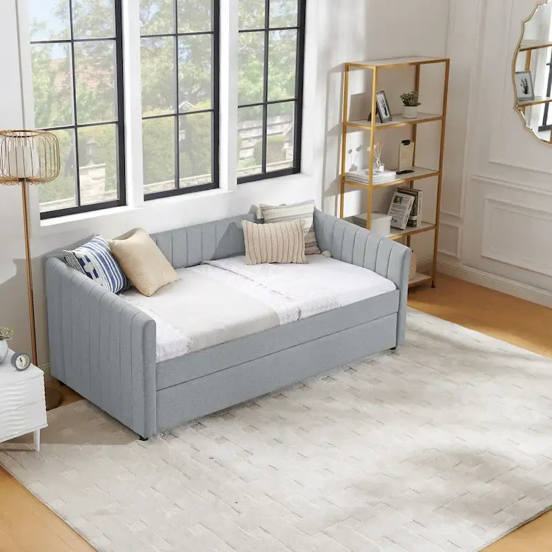 Divano letto singolo in lino con letto estraibile e righe verticali - portata 500LB
