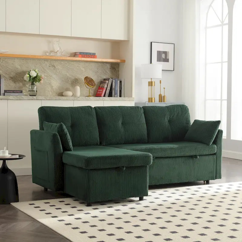 Zielona modułowa sofa narożna 3-osobowa o długości 81,1 z odwracalnym szezlongiem i schowkiem, rozkładana sofa z miękkiego aksamitu do salonu
