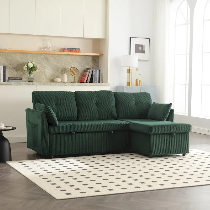 Divano modulare angolare verde da 81.1, 3 posti, con chaise longue reversibile e contenitore, divano letto in morbido velluto per il soggiorno