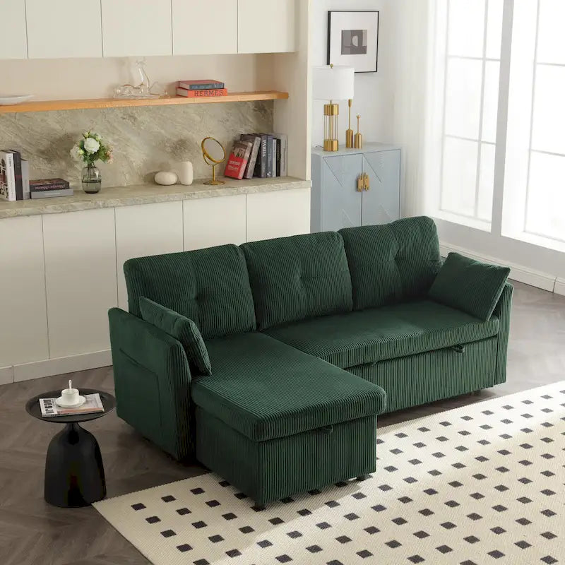 Zielona modułowa sofa narożna 3-osobowa o długości 81,1 z odwracalnym szezlongiem i schowkiem, rozkładana sofa z miękkiego aksamitu do salonu