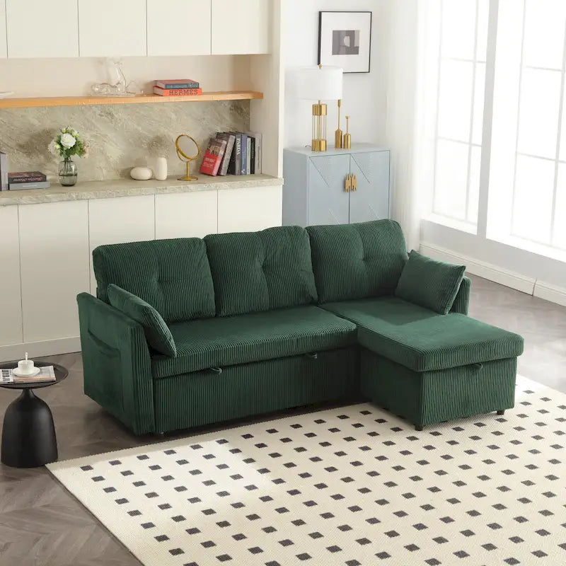 Divano modulare angolare verde da 81.1, 3 posti, con chaise longue reversibile e contenitore, divano letto in morbido velluto per il soggiorno