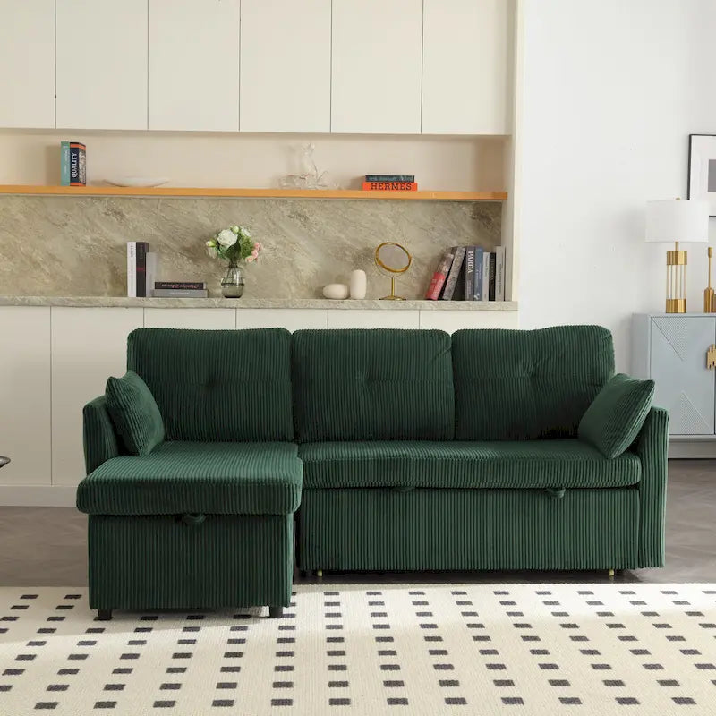 Divano modulare angolare verde da 81.1, 3 posti, con chaise longue reversibile e contenitore, divano letto in morbido velluto per il soggiorno