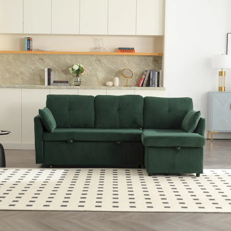 Zielona modułowa sofa narożna 3-osobowa o długości 81,1 z odwracalnym szezlongiem i schowkiem, rozkładana sofa z miękkiego aksamitu do salonu