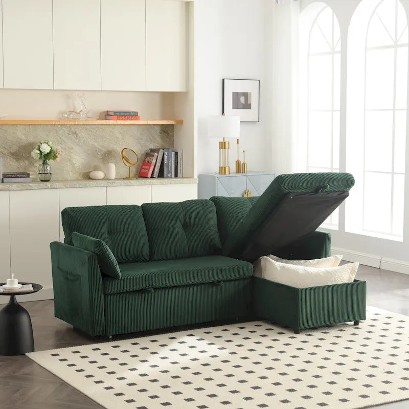 Zielona modułowa sofa narożna 3-osobowa o długości 81,1 z odwracalnym szezlongiem i schowkiem, rozkładana sofa z miękkiego aksamitu do salonu