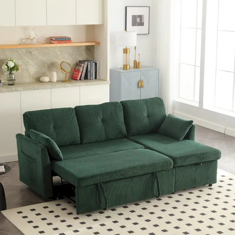 Zielona modułowa sofa narożna 3-osobowa o długości 81,1 z odwracalnym szezlongiem i schowkiem, rozkładana sofa z miękkiego aksamitu do salonu