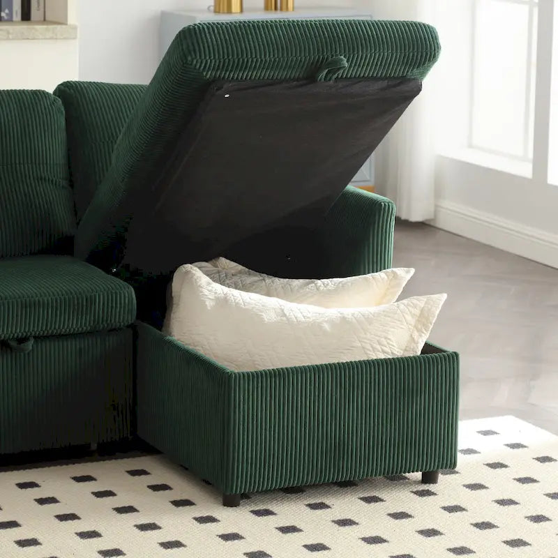 Zielona modułowa sofa narożna 3-osobowa o długości 81,1 z odwracalnym szezlongiem i schowkiem, rozkładana sofa z miękkiego aksamitu do salonu