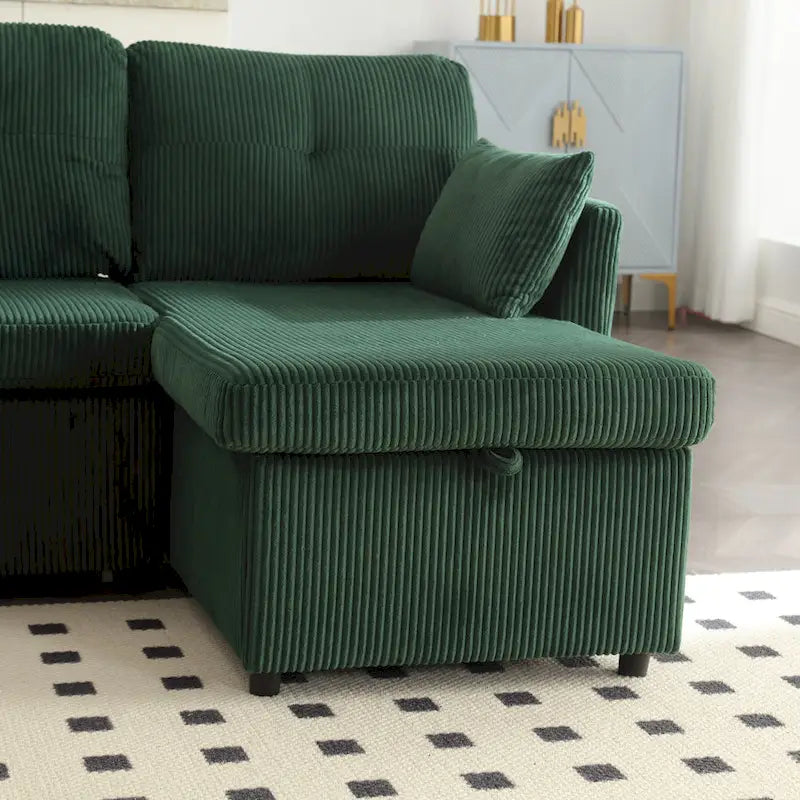 Zielona modułowa sofa narożna 3-osobowa o długości 81,1 z odwracalnym szezlongiem i schowkiem, rozkładana sofa z miękkiego aksamitu do salonu