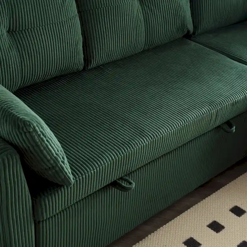 Zielona modułowa sofa narożna 3-osobowa o długości 81,1 z odwracalnym szezlongiem i schowkiem, rozkładana sofa z miękkiego aksamitu do salonu