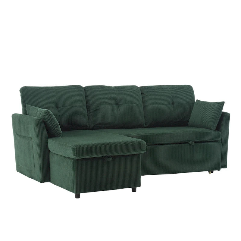 Zielona modułowa sofa narożna 3-osobowa o długości 81,1 z odwracalnym szezlongiem i schowkiem, rozkładana sofa z miękkiego aksamitu do salonu
