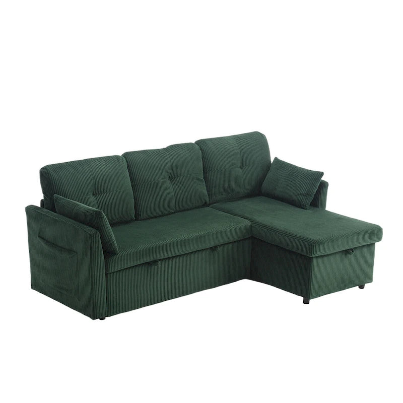 Zielona modułowa sofa narożna 3-osobowa o długości 81,1 z odwracalnym szezlongiem i schowkiem, rozkładana sofa z miękkiego aksamitu do salonu