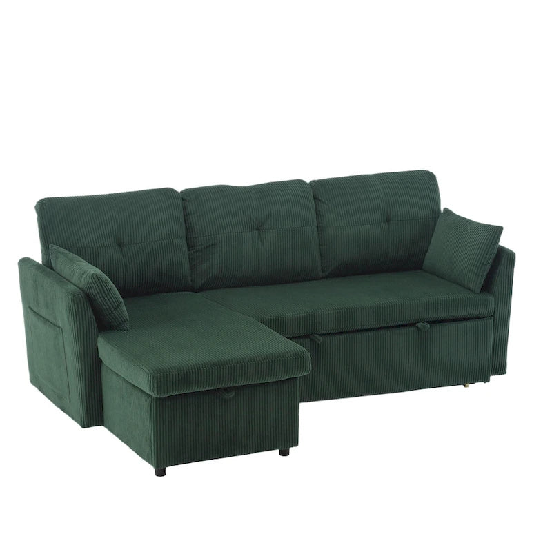 Zielona modułowa sofa narożna 3-osobowa o długości 81,1 z odwracalnym szezlongiem i schowkiem, rozkładana sofa z miękkiego aksamitu do salonu