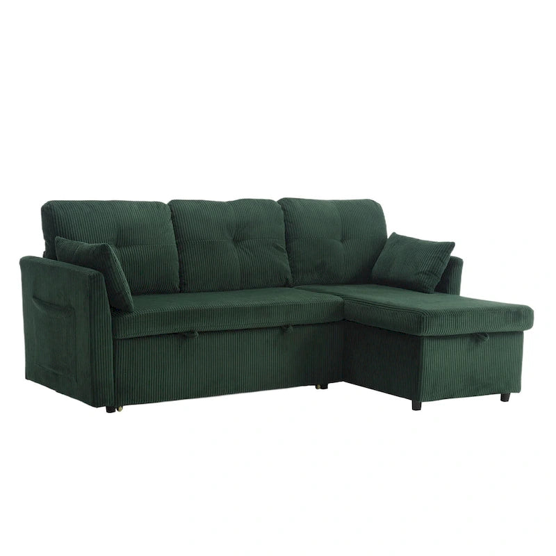 Zielona modułowa sofa narożna 3-osobowa o długości 81,1 z odwracalnym szezlongiem i schowkiem, rozkładana sofa z miękkiego aksamitu do salonu