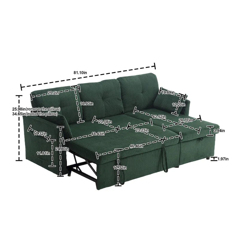 Zielona modułowa sofa narożna 3-osobowa o długości 81,1 z odwracalnym szezlongiem i schowkiem, rozkładana sofa z miękkiego aksamitu do salonu