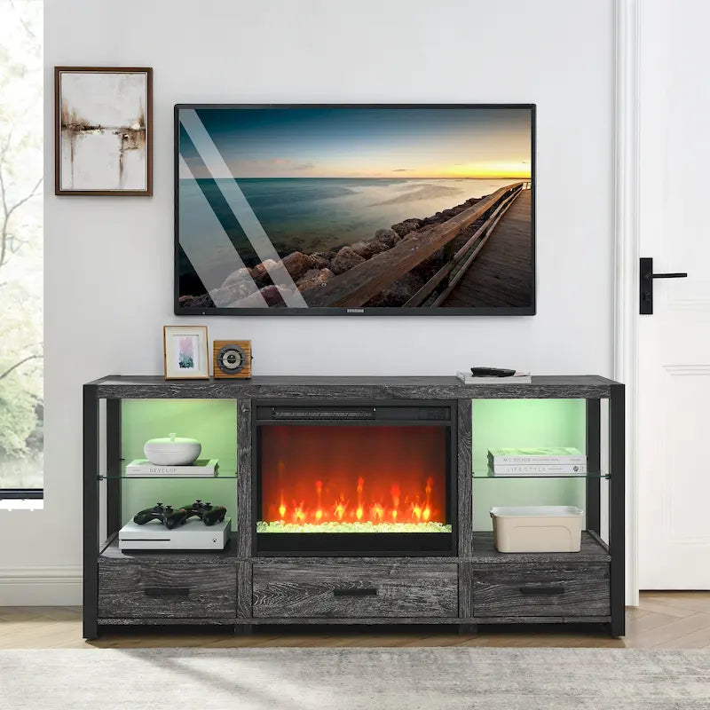Camino elettrico da 60 pollici con mobile TV e luci LED colorate sincronizzate - colore rovere rustico scuro