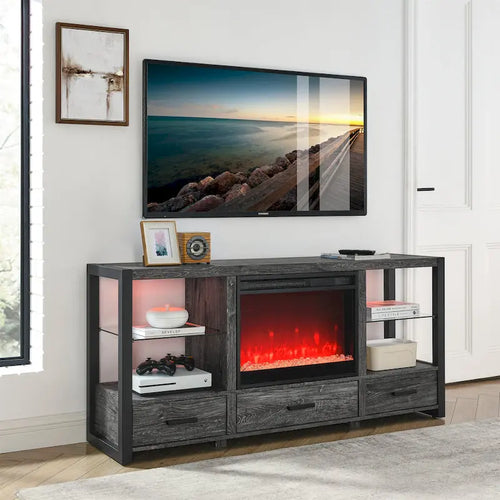 Camino elettrico da 60 pollici con mobile TV e luci LED colorate sincronizzate - colore rovere rustico scuro