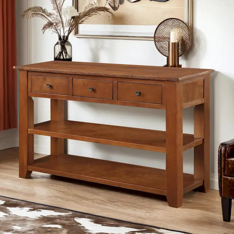 Tavolo consolle con piano in legno massello di pino da 48, moderno tavolino laterale da ingresso o divano con 3 cassetti contenitori e 2 ripiani. Facile da montare