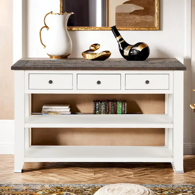 Tavolo consolle con piano in legno massello di pino da 48, moderno tavolino laterale da ingresso o divano con 3 cassetti contenitori e 2 ripiani. Facile da montare