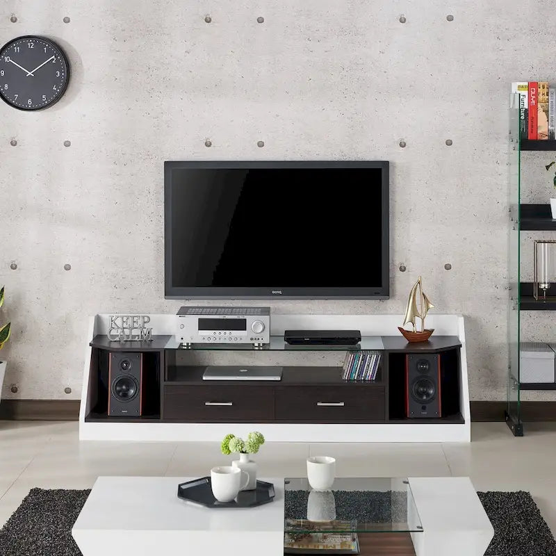 Consolle TV bianca contemporanea da 70 pollici in vetro con spazio contenitivo multifunzionale