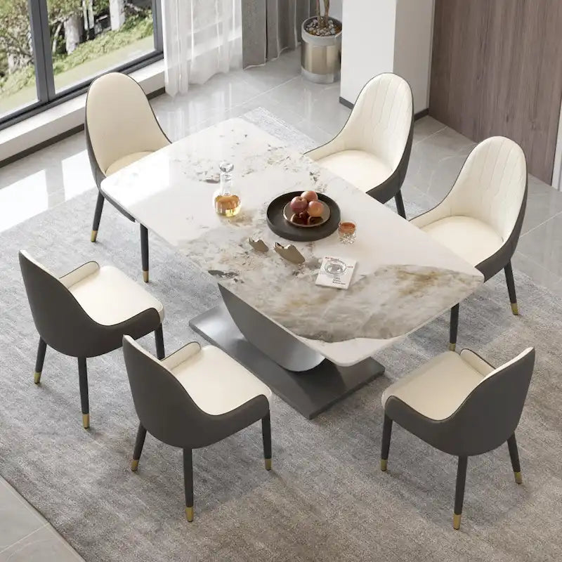 Modern Dining Table, Sintered Stone Curved Table Top with Moon Shape Pedestal