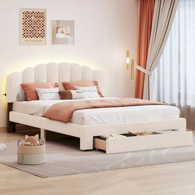 Letto a piattaforma matrimoniale imbottito con cassetto