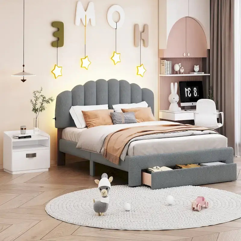 Letto a piattaforma matrimoniale imbottito con cassetto