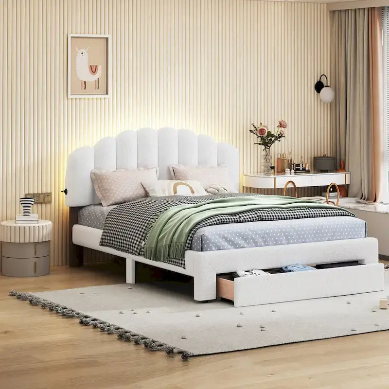 Letto a piattaforma matrimoniale imbottito con cassetto