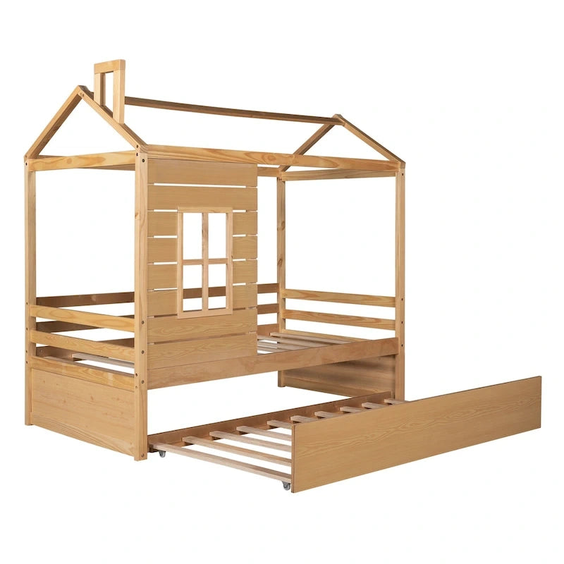 Letto a casetta in legno singolo con letto estraibile singolo (naturale)
