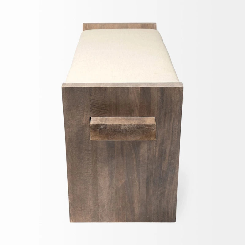 Siedzisko z kremowej tkaniny, ławka do przedpokoju z brązowego drewna - 58W x 15D x 20H