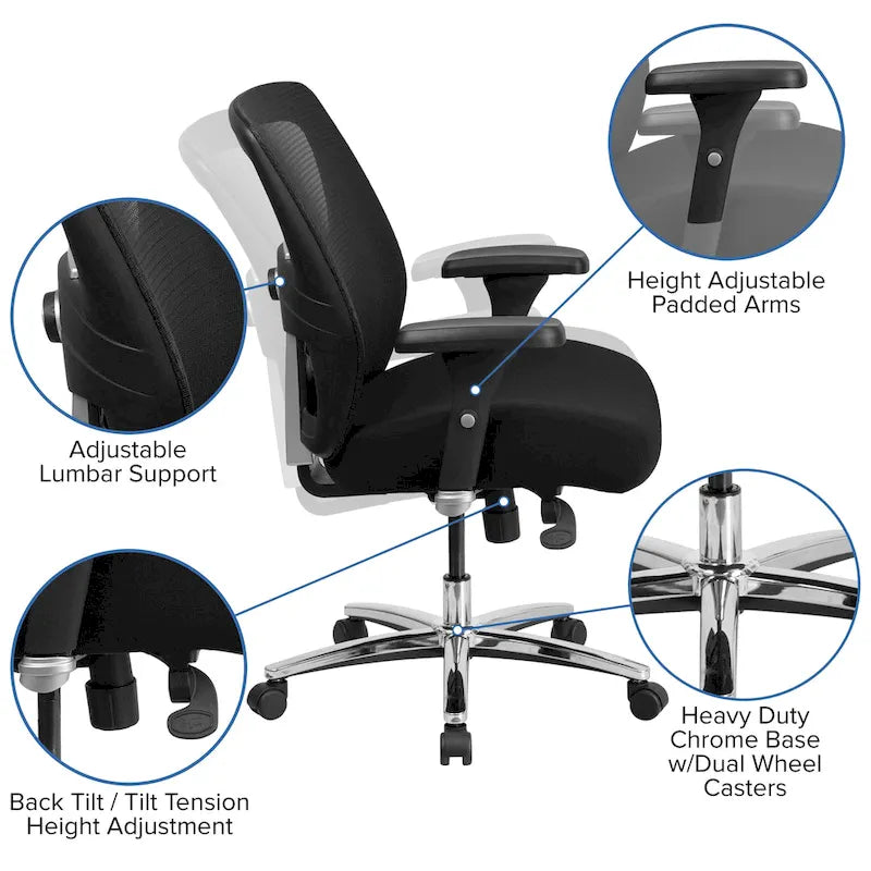 Ergonomiczny fotel biurowy z siatki do intensywnego użytkowania 24/7, dla osób wysokich i o większej wadze, o nośności 500 lb