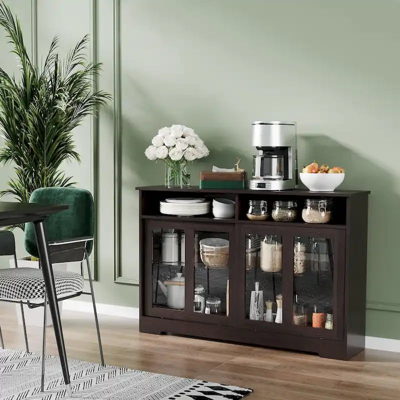 Credenza moderna da cucina, mobile buffet con ante scorrevoli in vetro e ripiano regolabile, marrone scuro