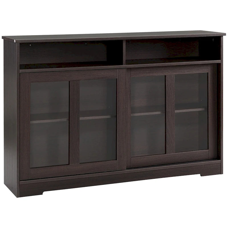Credenza moderna da cucina, mobile buffet con ante scorrevoli in vetro e ripiano regolabile, marrone scuro