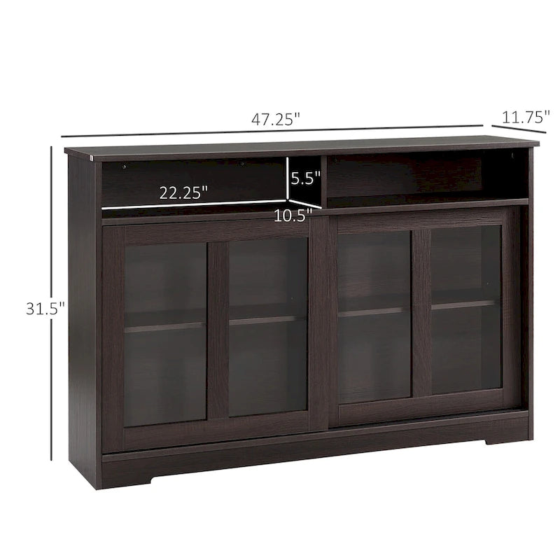 Credenza moderna da cucina, mobile buffet con ante scorrevoli in vetro e ripiano regolabile, marrone scuro