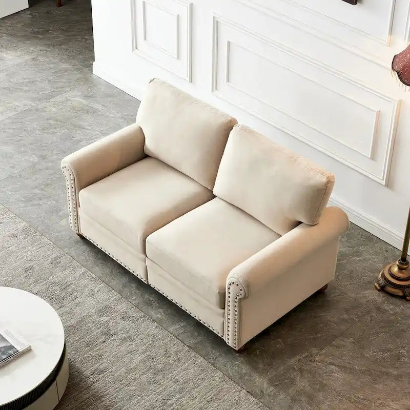 Divanetto a 2 posti con rivestimento in tessuto di lino e contenitore (beige)