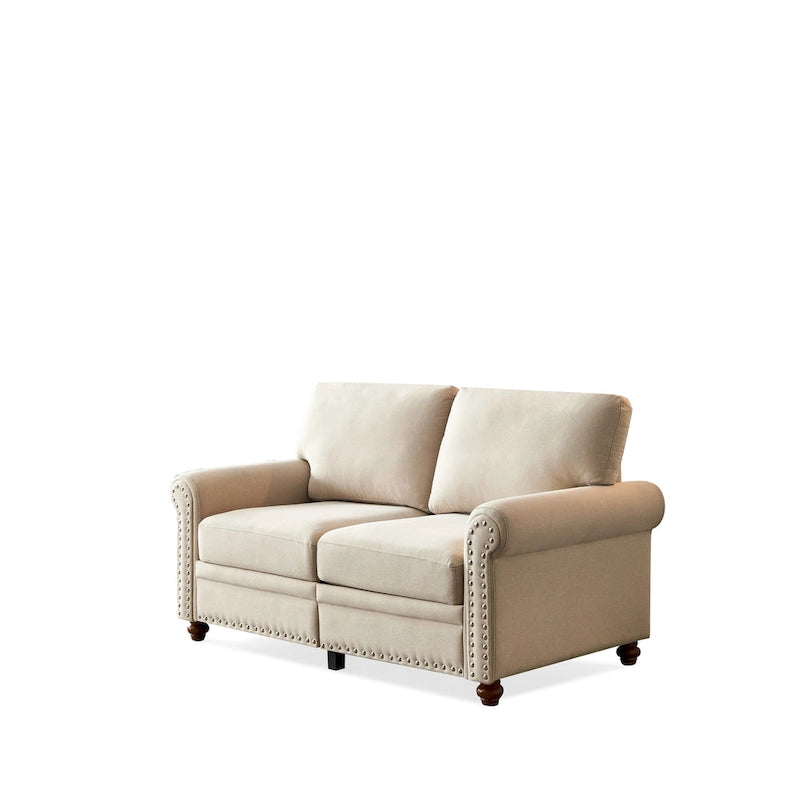 Dwuosobowa sofa ze schowkiem, tapicerowana tkaniną lnianą (beżowa)