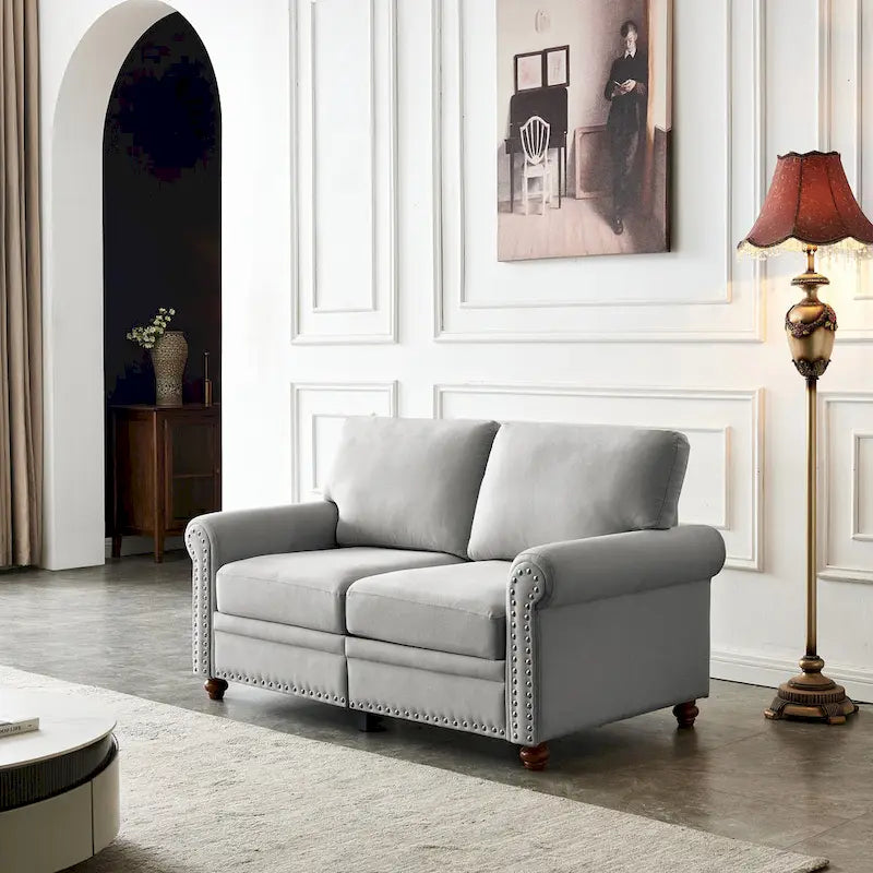 Dwuosobowa sofa ze schowkiem, tapicerowana tkaniną lnianą (beżowa)