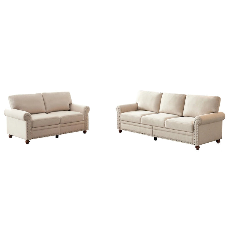 Dwuosobowa sofa ze schowkiem, tapicerowana tkaniną lnianą (beżowa)
