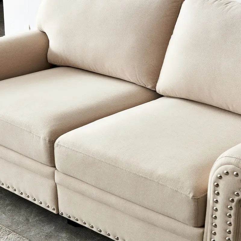 Dwuosobowa sofa ze schowkiem, tapicerowana tkaniną lnianą (beżowa)