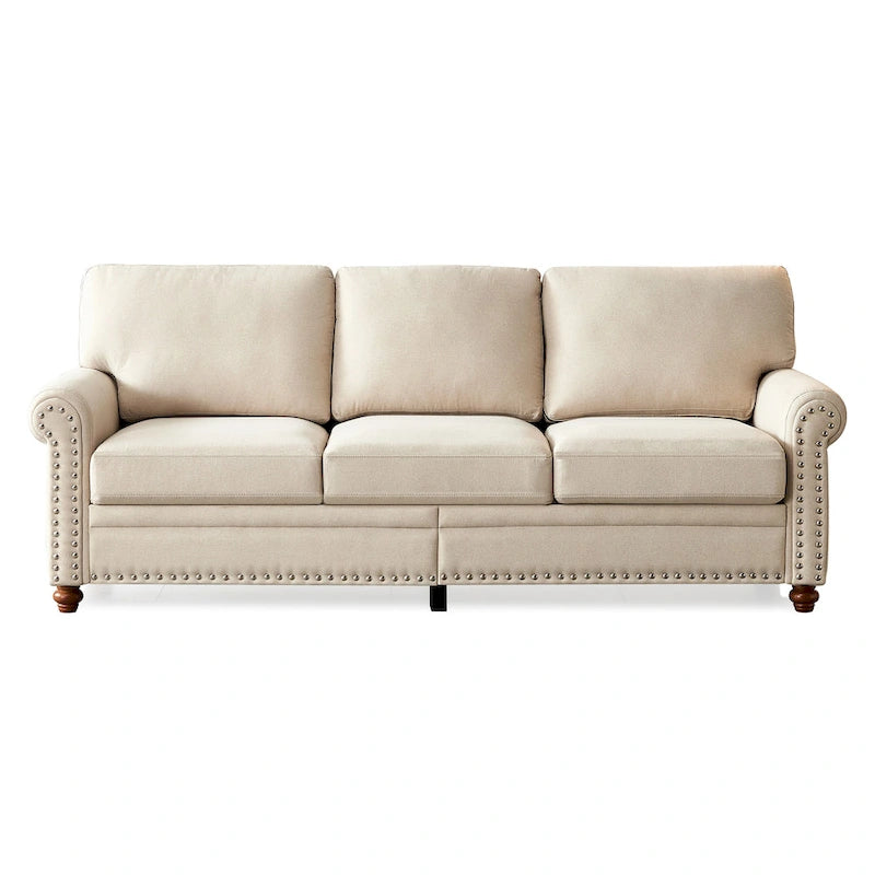 Dwuosobowa sofa ze schowkiem, tapicerowana tkaniną lnianą (beżowa)