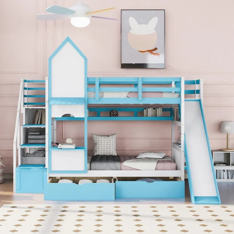Letto a castello singolo-sopra-singolo stile castello con cassetti, mensole e scivolo