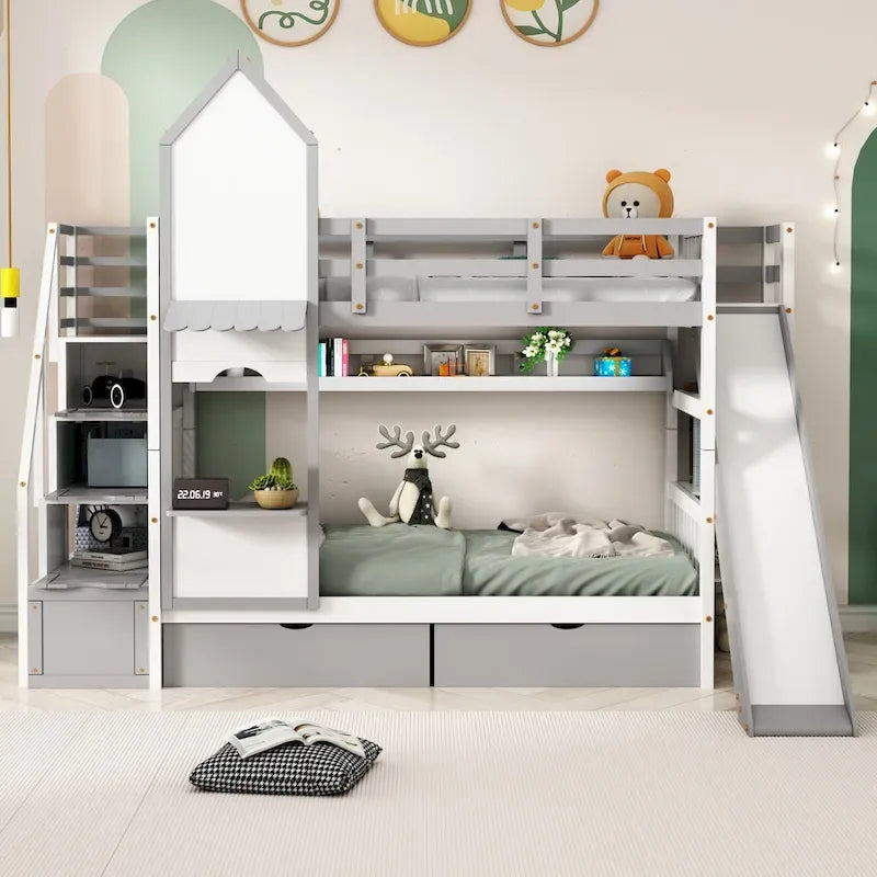Letto a castello singolo-sopra-singolo stile castello con cassetti, mensole e scivolo