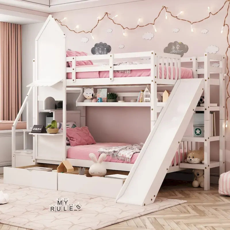 Letto a castello singolo-sopra-singolo stile castello con cassetti, mensole e scivolo