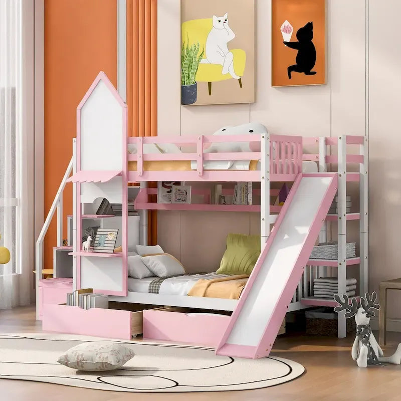 Letto a castello singolo-sopra-singolo stile castello con cassetti, mensole e scivolo