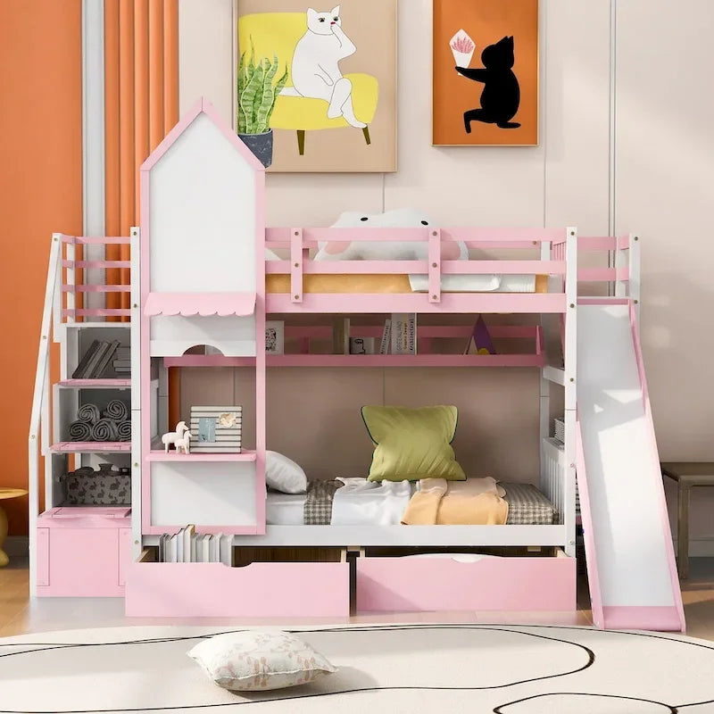 Letto a castello singolo-sopra-singolo stile castello con cassetti, mensole e scivolo