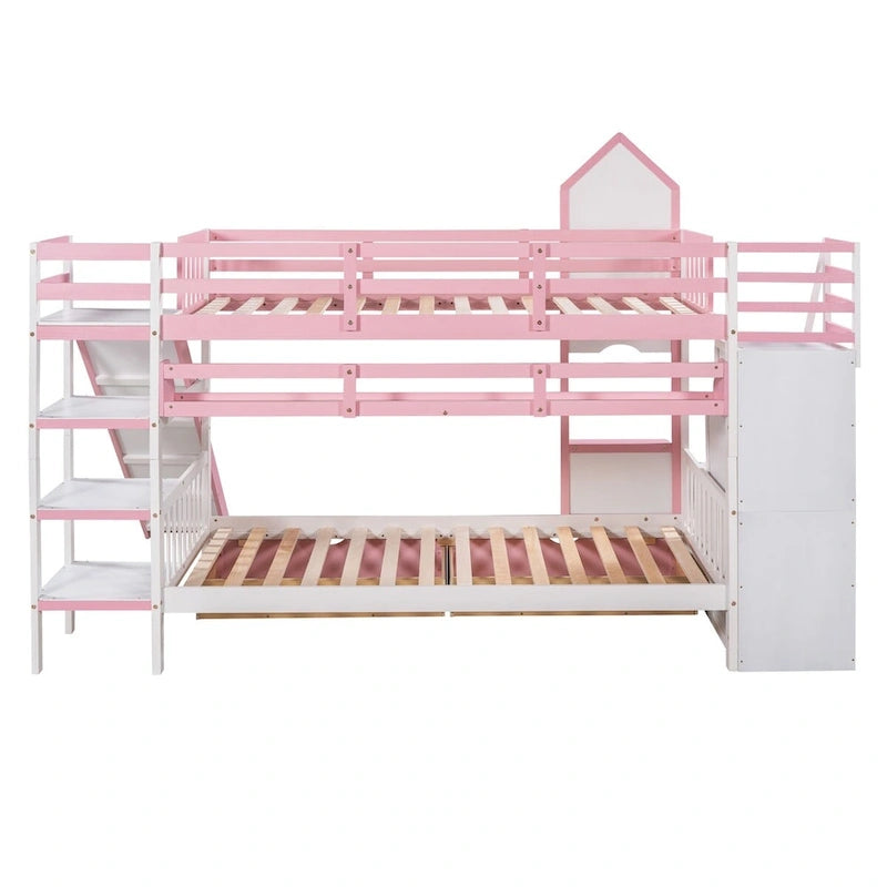 Letto a castello singolo-sopra-singolo stile castello con cassetti, mensole e scivolo