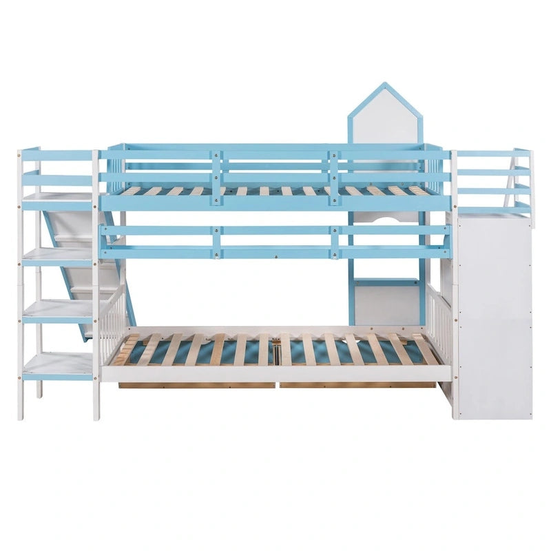 Letto a castello singolo-sopra-singolo stile castello con cassetti, mensole e scivolo