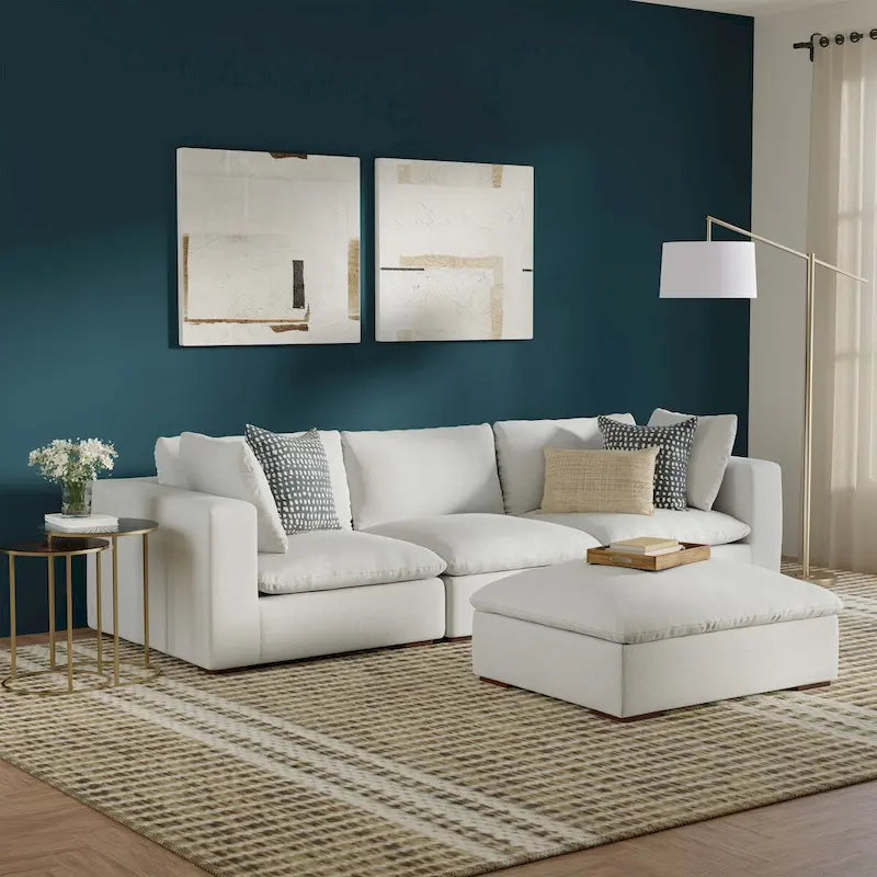 Modułowy zestaw: 3-osobowa sofa i pufa z miękkiej tkaniny szenilowej