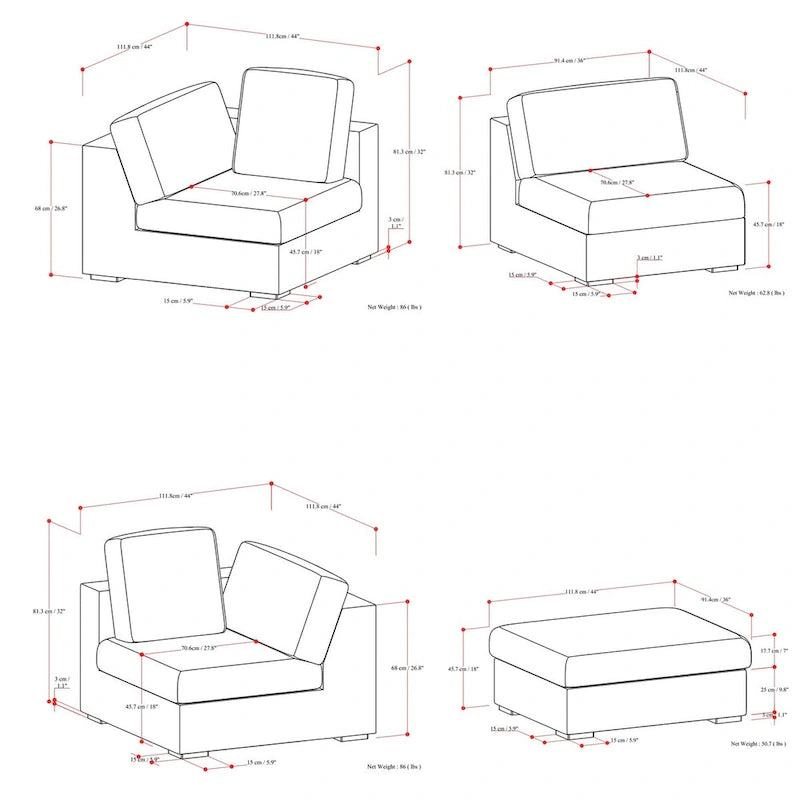 Modułowy zestaw: 3-osobowa sofa i pufa z miękkiej tkaniny szenilowej